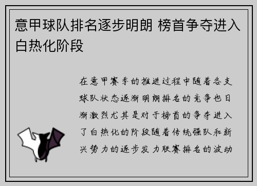 意甲球队排名逐步明朗 榜首争夺进入白热化阶段