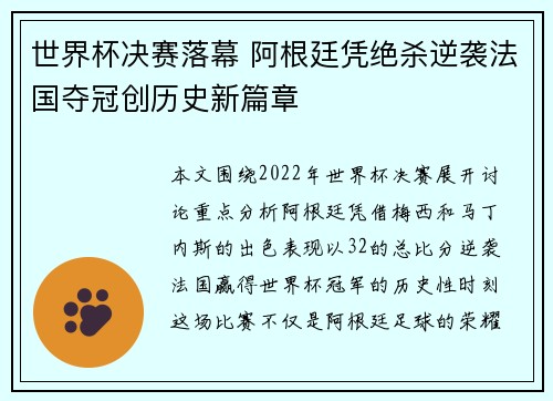 世界杯决赛落幕 阿根廷凭绝杀逆袭法国夺冠创历史新篇章