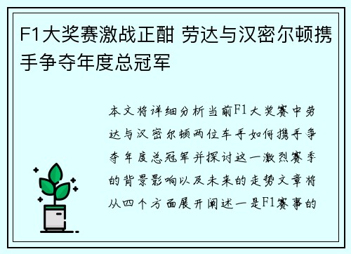 F1大奖赛激战正酣 劳达与汉密尔顿携手争夺年度总冠军
