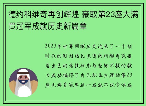 德约科维奇再创辉煌 豪取第23座大满贯冠军成就历史新篇章