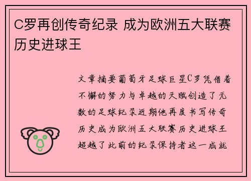 C罗再创传奇纪录 成为欧洲五大联赛历史进球王