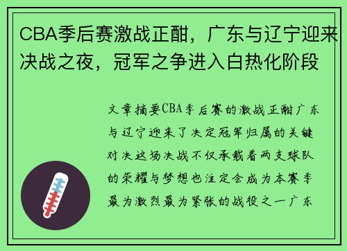 CBA季后赛激战正酣，广东与辽宁迎来决战之夜，冠军之争进入白热化阶段